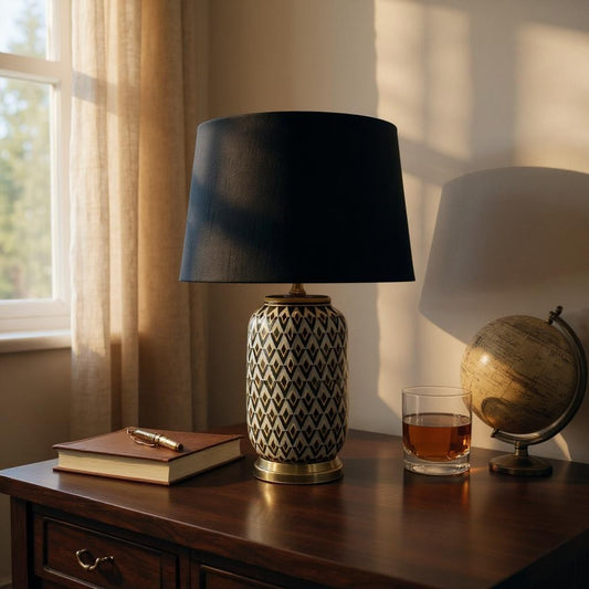 Modern Ceramic Table Lamp Black Gold Drum Shade - Stylish Home Office Lamp